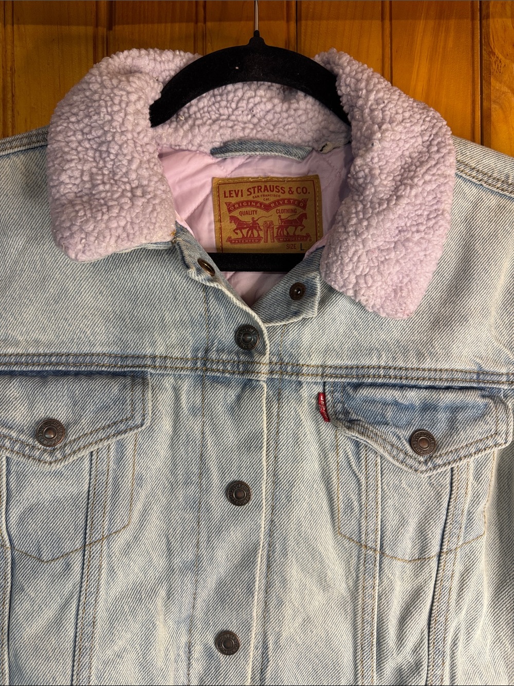 Levi's Light Blue Denim Bomber Jacket with Purple Sherpa Collar - Picture 3 of 11